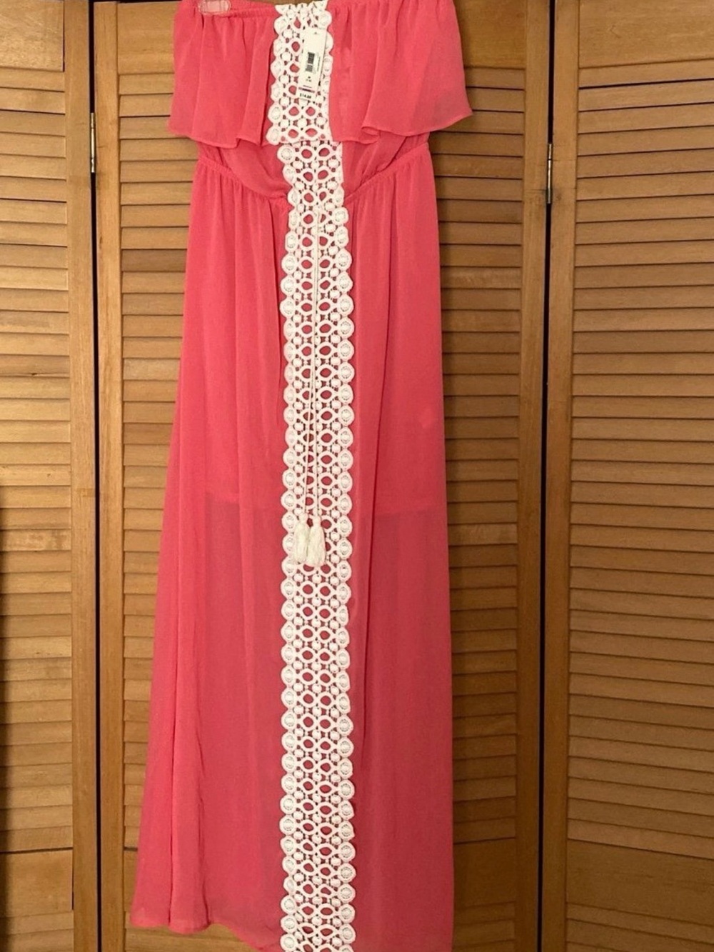 No Boundaries Coral Pink Maxi Dress with White Crochet Trim